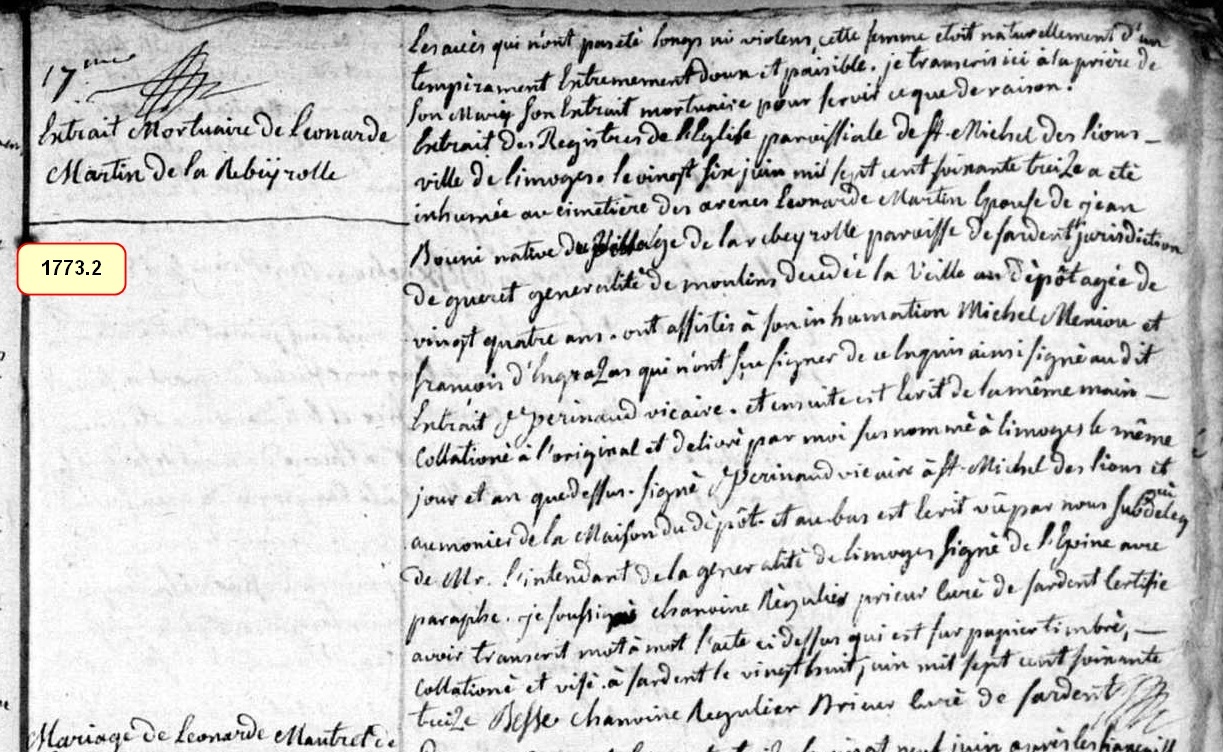 Extrait mortuaire de Leonarde Martin de la Riberolle